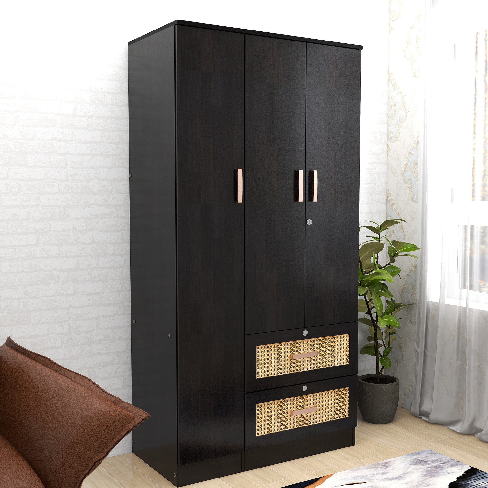 Ren 3 Door Wardrobe With Rattan