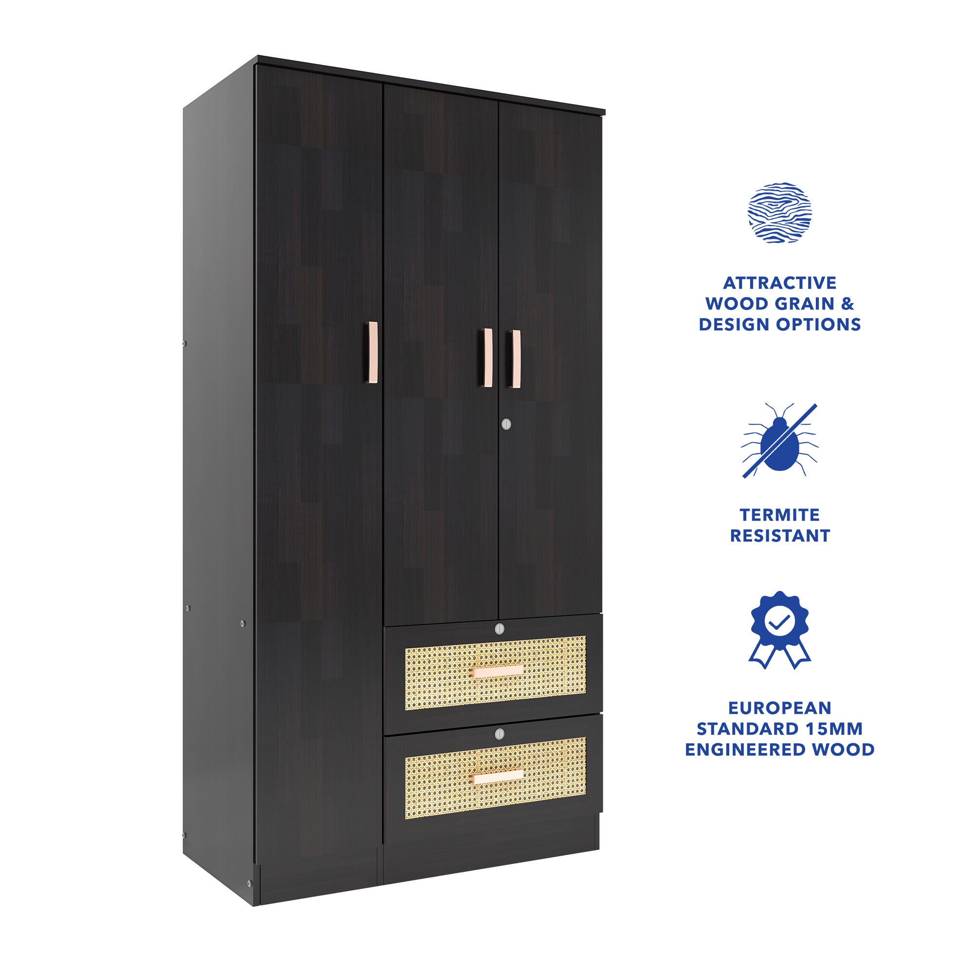 Ren 3 Door Wardrobe With Rattan