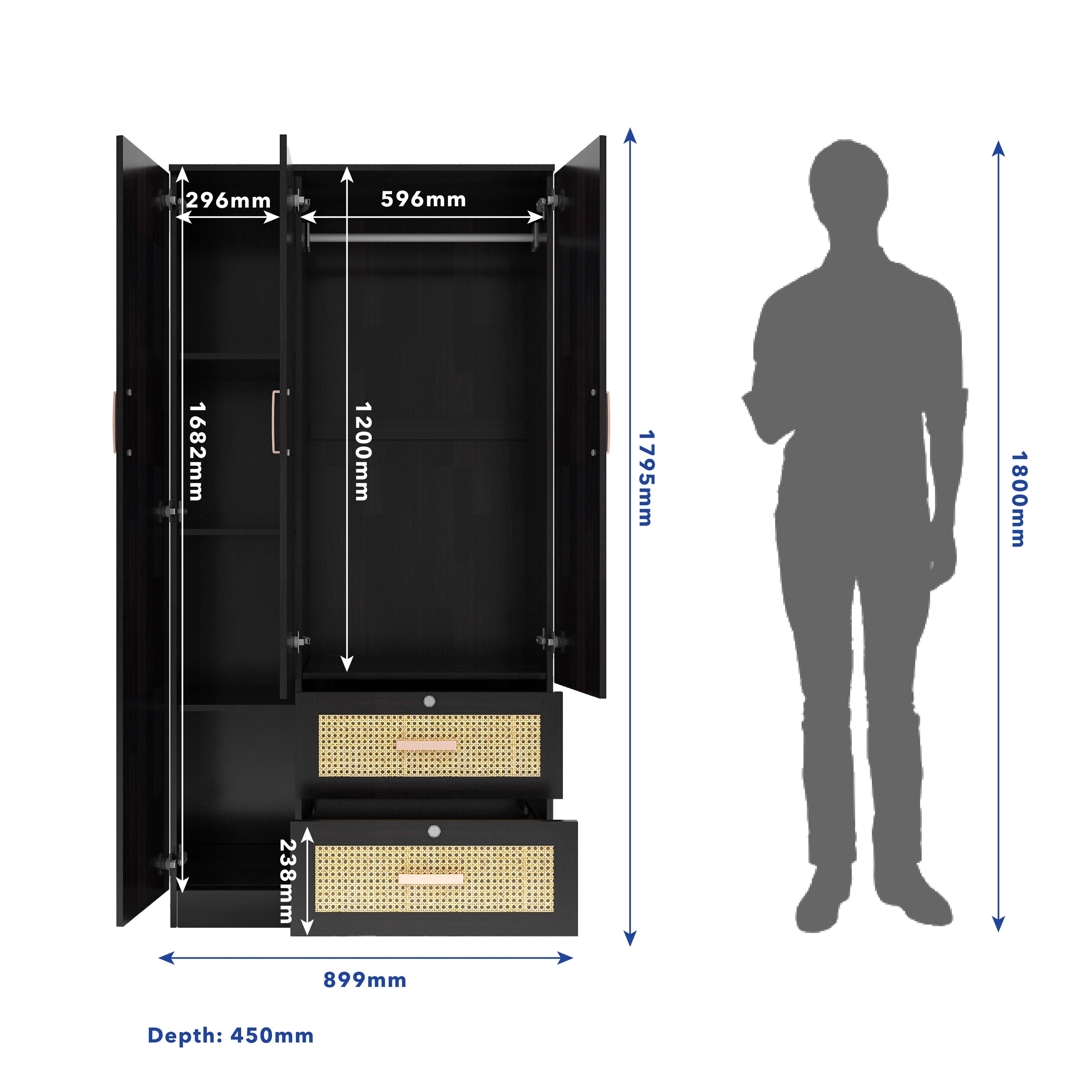 Ren 3 Door Wardrobe With Rattan